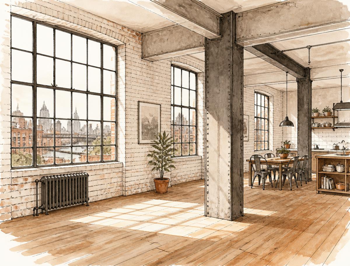 Astoria loft interior — factory windows, brick, high ceilings