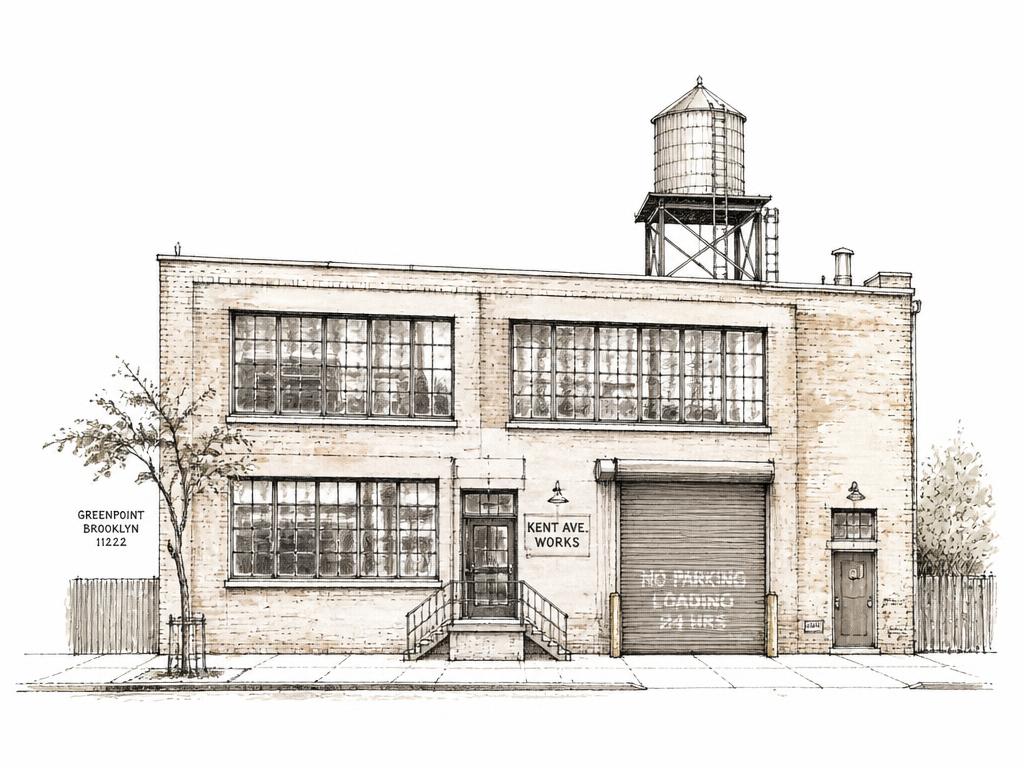 Ink sketch of a Greenpoint brick warehouse